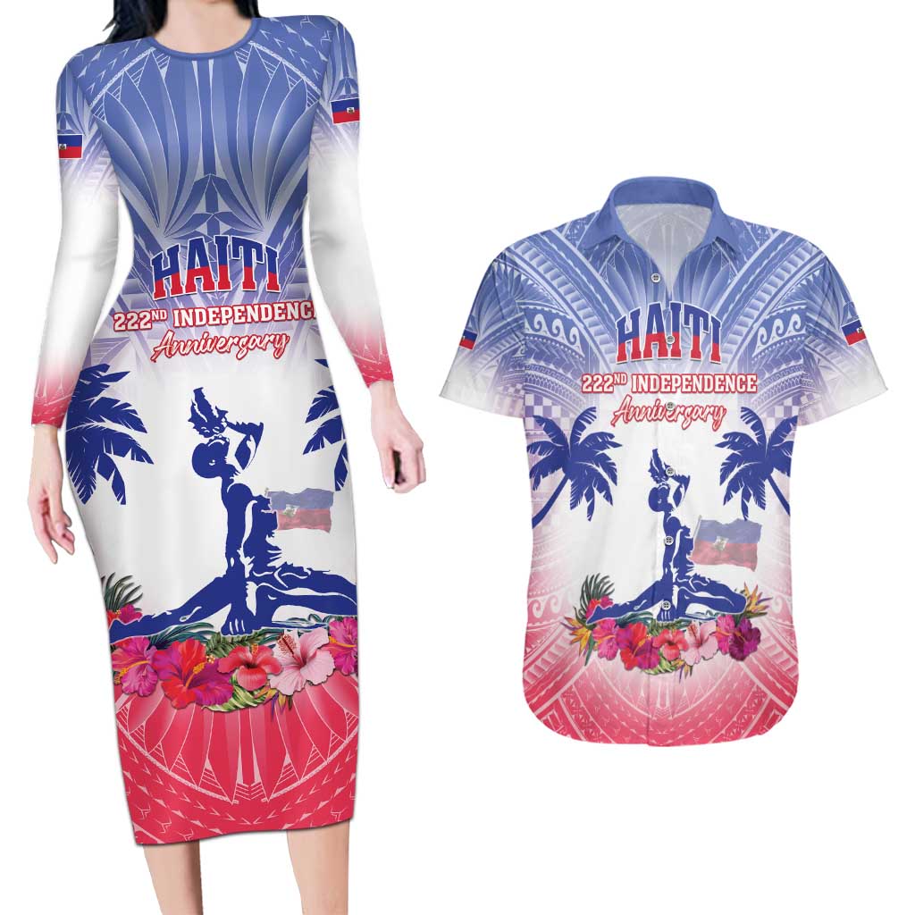 Personalised Haiti Independence Day Couples Matching Long Sleeve Bodycon Dress and Hawaiian Shirt Neg Maron Polynesian Style LT05 Blue - Polynesian Pride