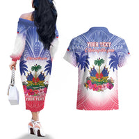 Personalised Haiti Independence Day Couples Matching Off The Shoulder Long Sleeve Dress and Hawaiian Shirt Neg Maron Polynesian Style LT05
