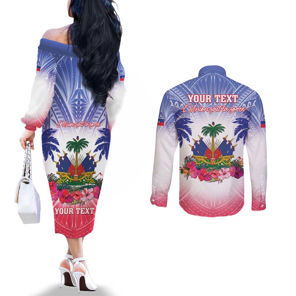 Personalised Haiti Independence Day Couples Matching Off The Shoulder Long Sleeve Dress and Long Sleeve Button Shirt Neg Maron Polynesian Style LT05