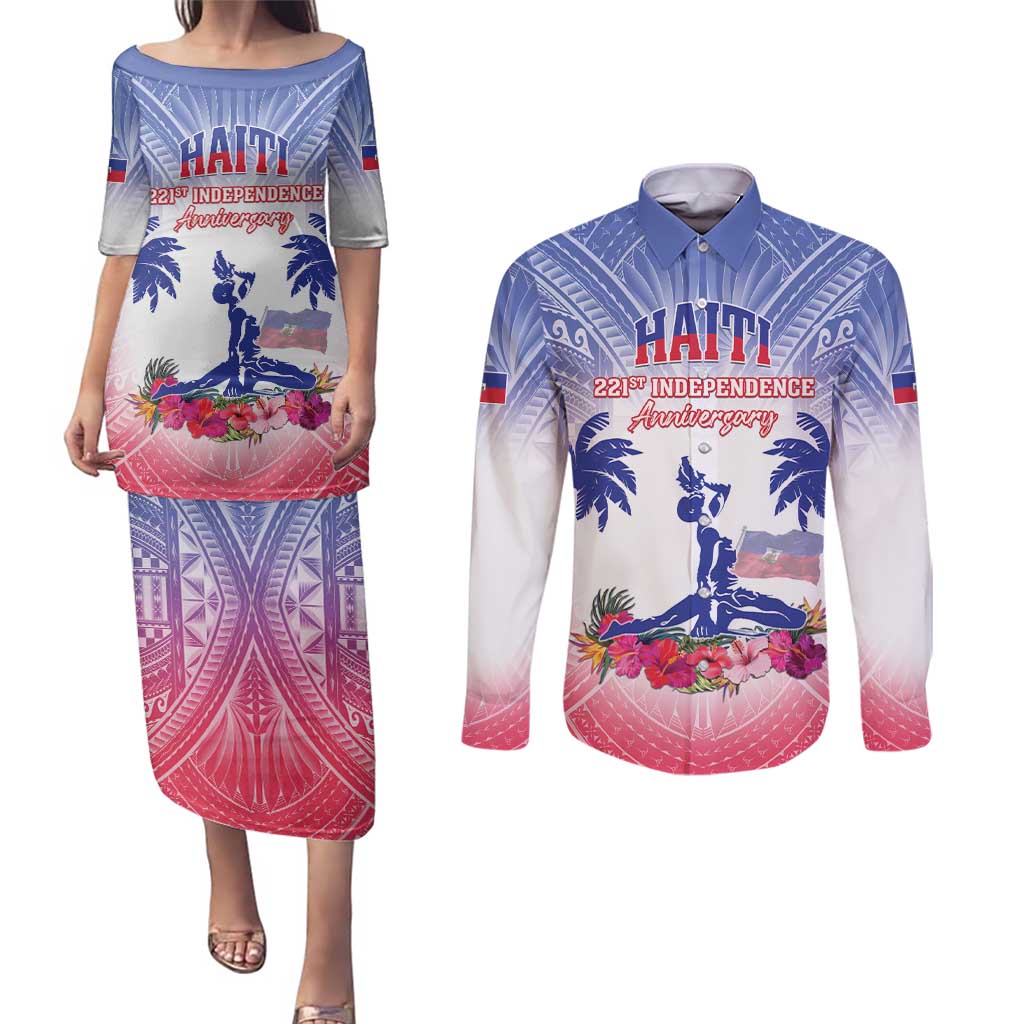 Personalised Haiti Independence Day Couples Matching Puletasi and Long Sleeve Button Shirt Neg Maron Polynesian Style