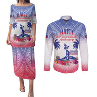 Personalised Haiti Independence Day Couples Matching Puletasi and Long Sleeve Button Shirt Neg Maron Polynesian Style