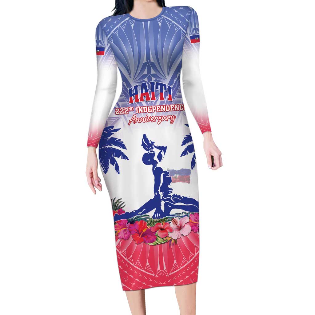 Personalised Haiti Independence Day Family Matching Long Sleeve Bodycon Dress and Hawaiian Shirt Neg Maron Polynesian Style LT05 Mom's Dress Blue - Polynesian Pride