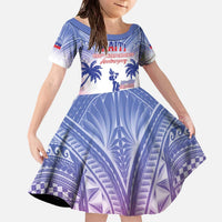 Personalised Haiti Independence Day Family Matching Off The Shoulder Long Sleeve Dress and Hawaiian Shirt Neg Maron Polynesian Style LT05 Daughter's Dress Blue - Polynesian Pride