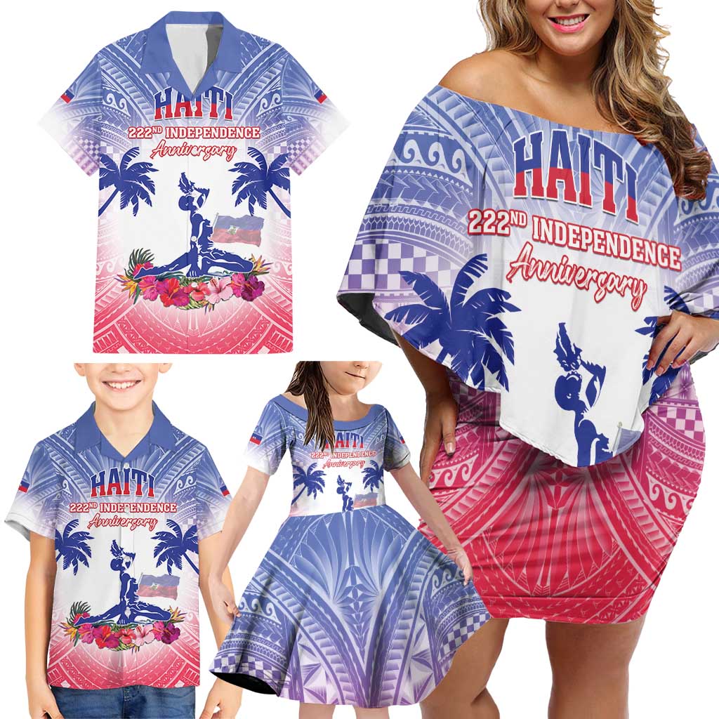 Personalised Haiti Independence Day Family Matching Off Shoulder Short Dress and Hawaiian Shirt Neg Maron Polynesian Style LT05 - Polynesian Pride