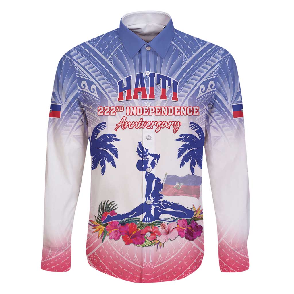 Personalised Haiti Independence Day Family Matching Puletasi and Hawaiian Shirt Neg Maron Polynesian Style LT05 Dad's Shirt - Long Sleeve Blue - Polynesian Pride
