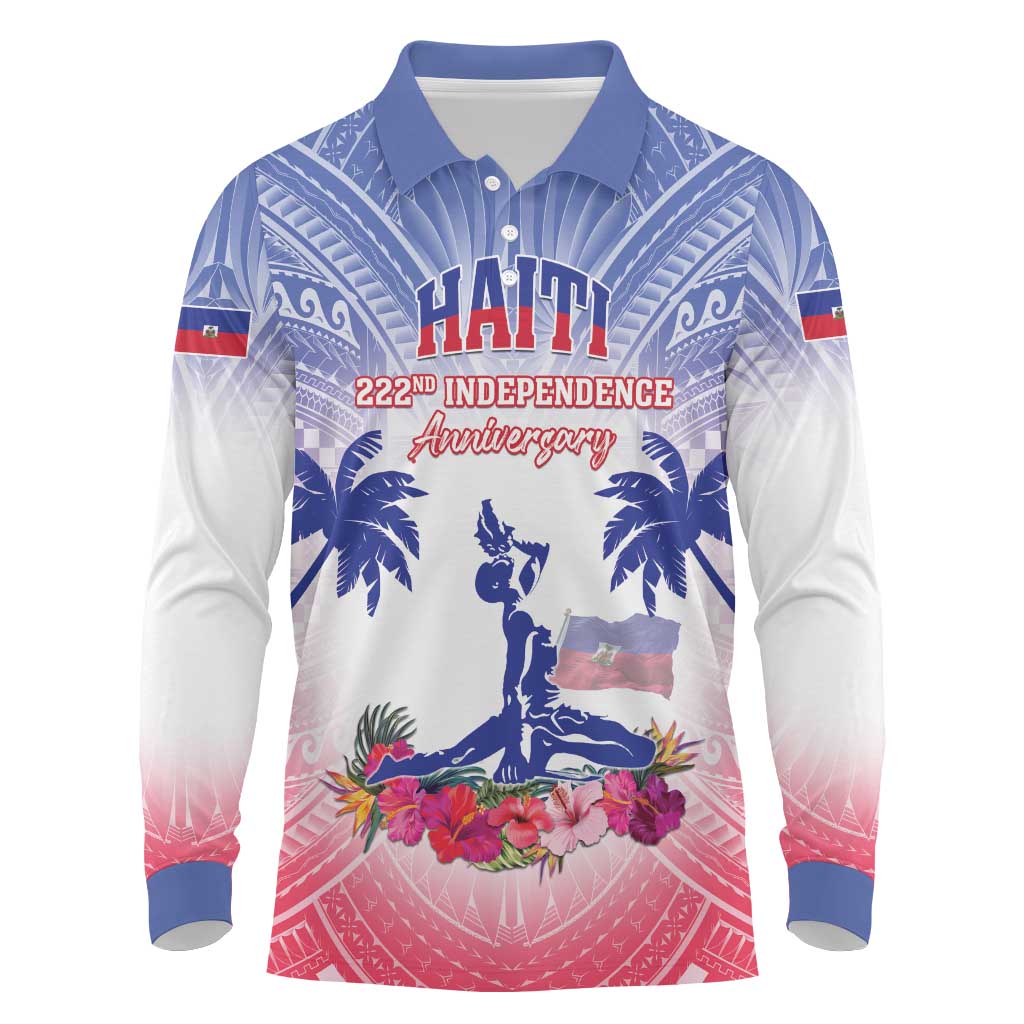 Personalised Haiti Independence Day Long Sleeve Polo Shirt Neg Maron Polynesian Style LT05