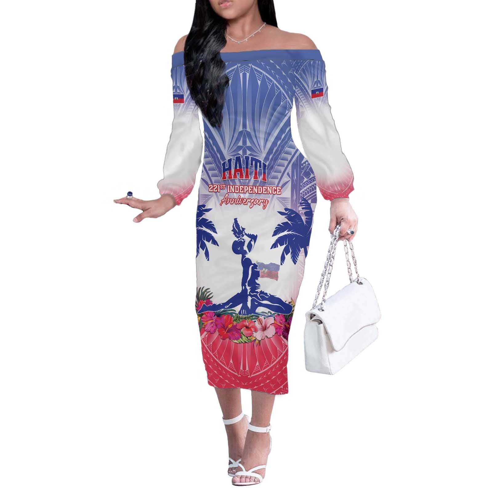 Personalised Haiti Independence Day Off The Shoulder Long Sleeve Dress Neg Maron Polynesian Style LT05