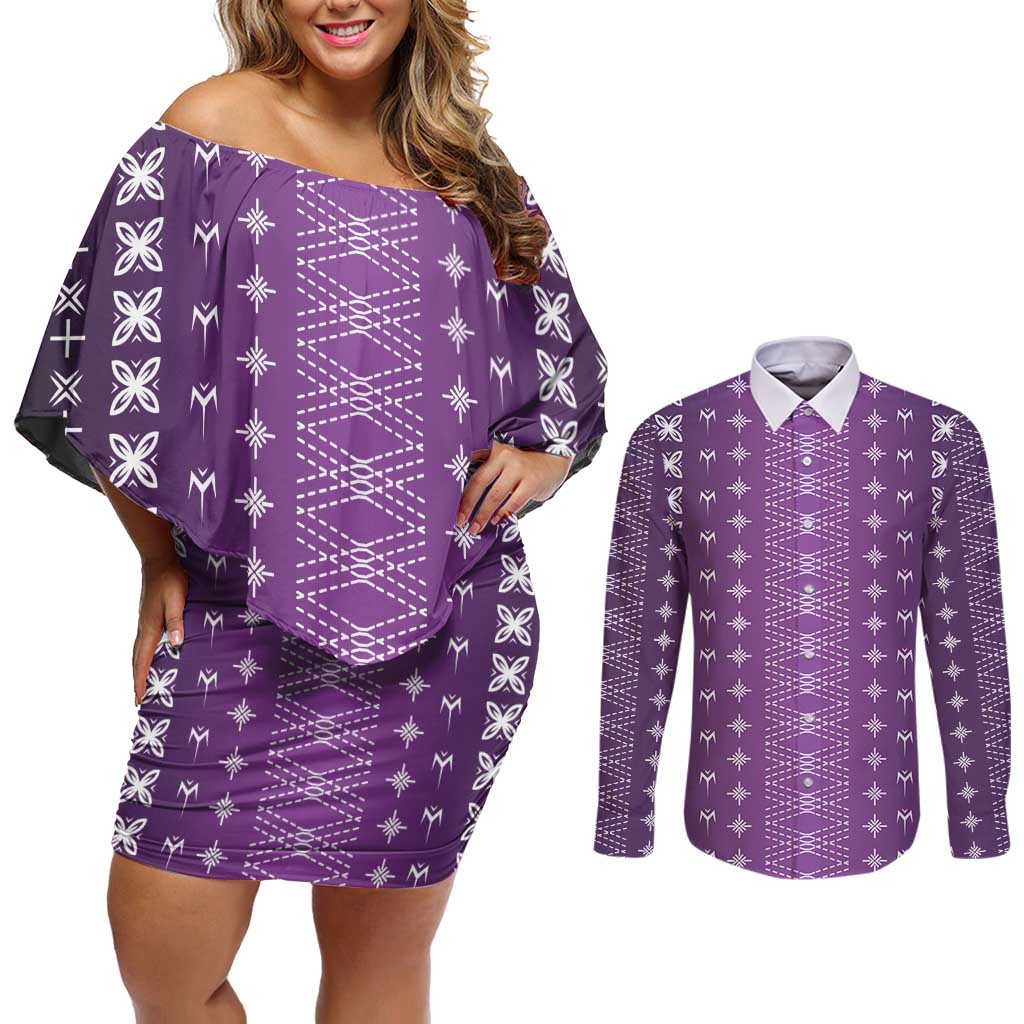 Purple Samoa Malu Tattoo Inspired Couples Matching Off Shoulder Short Dress and Long Sleeve Button Shirt LT05 Purple - Polynesian Pride