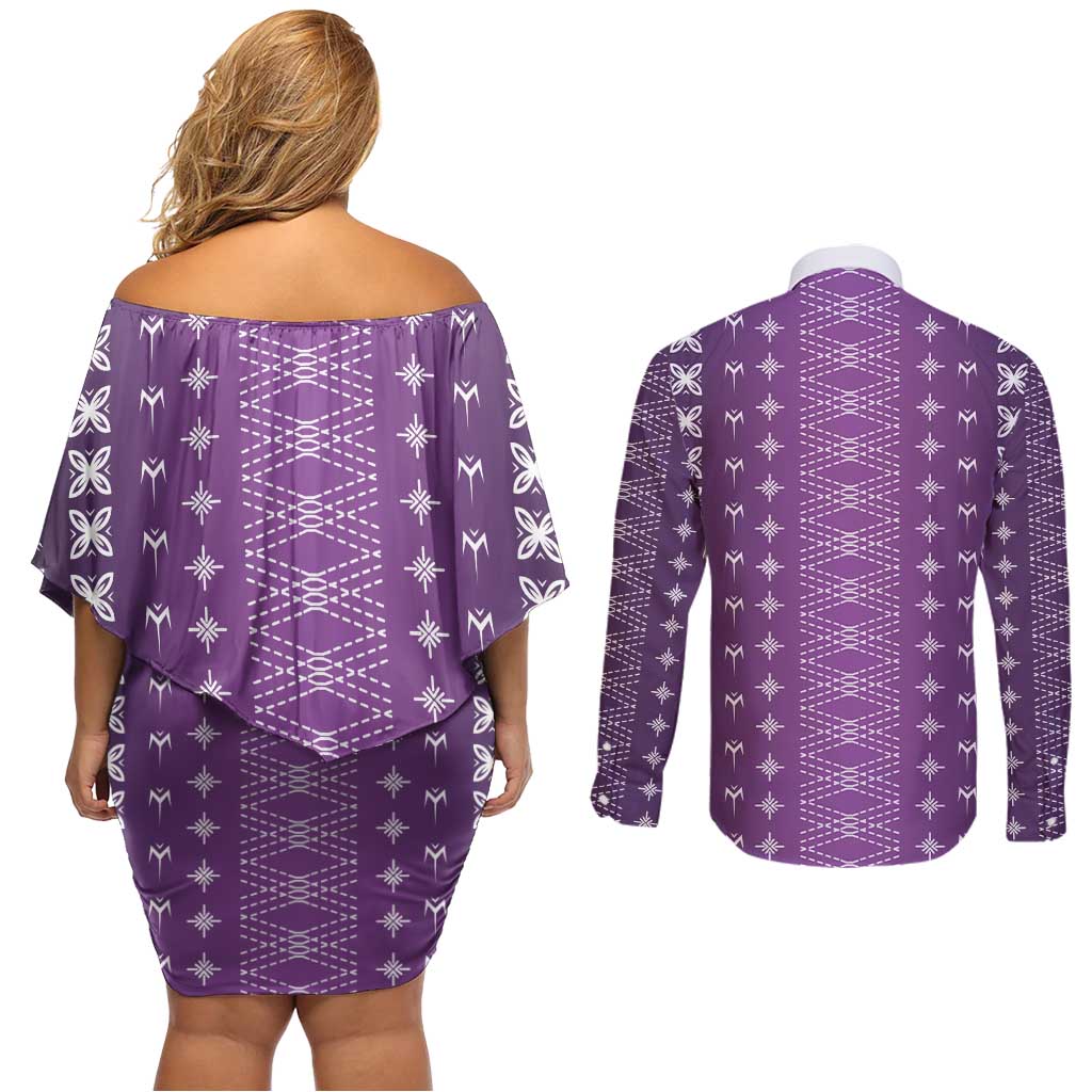 Purple Samoa Malu Tattoo Inspired Couples Matching Off Shoulder Short Dress and Long Sleeve Button Shirt LT05 - Polynesian Pride