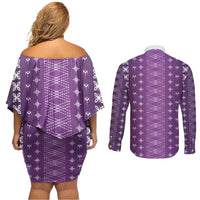 Purple Samoa Malu Tattoo Inspired Couples Matching Off Shoulder Short Dress and Long Sleeve Button Shirt LT05 - Polynesian Pride