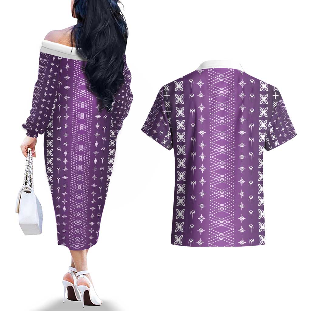 Purple Samoa Malu Tattoo Inspired Couples Matching Off The Shoulder Long Sleeve Dress and Hawaiian Shirt - Polynesian Pride