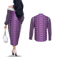Purple Samoa Malu Tattoo Inspired Couples Matching Off The Shoulder Long Sleeve Dress and Long Sleeve Button Shirt - Polynesian Pride