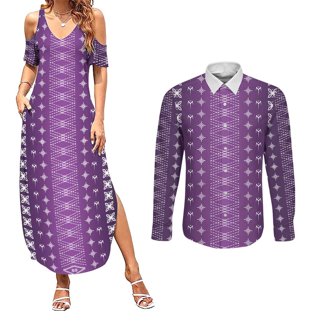 Purple Samoa Malu Tattoo Inspired Couples Matching Summer Maxi Dress and Long Sleeve Button Shirt LT05 Purple - Polynesian Pride