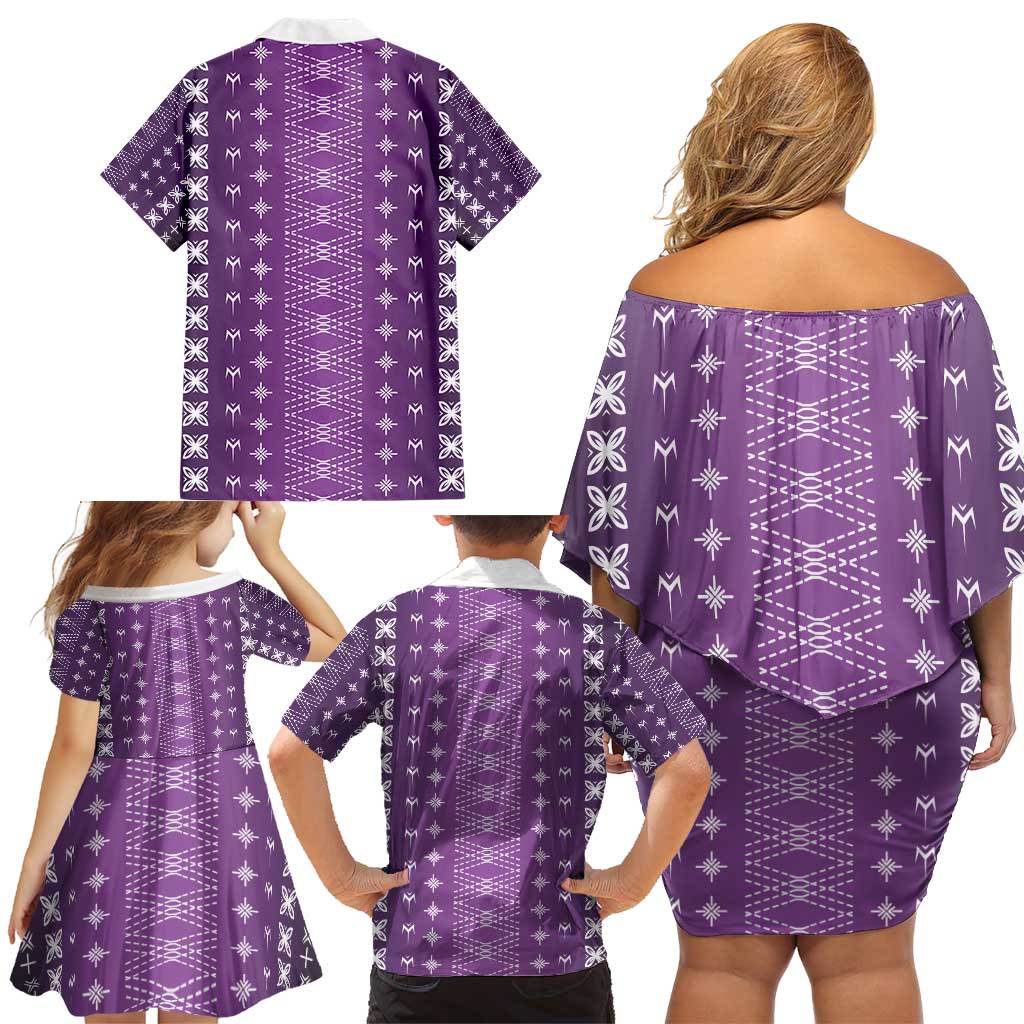 Purple Samoa Malu Tattoo Inspired Family Matching Off Shoulder Short Dress and Hawaiian Shirt - Polynesian Pride