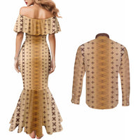 Beige Samoa Malu Tattoo Inspired Couples Matching Mermaid Dress and Long Sleeve Button Shirt - Polynesian Pride