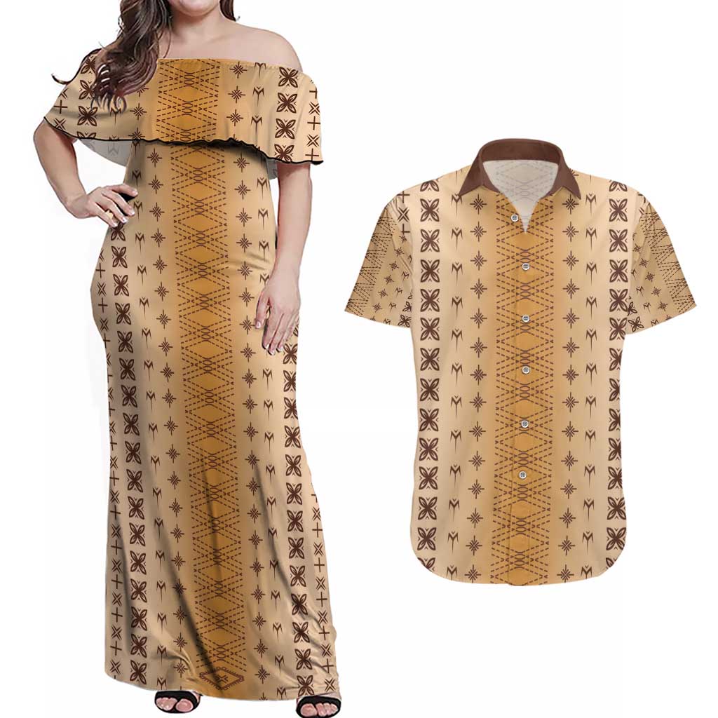 Beige Samoa Malu Tattoo Inspired Couples Matching Off Shoulder Maxi Dress and Hawaiian Shirt - Polynesian Pride