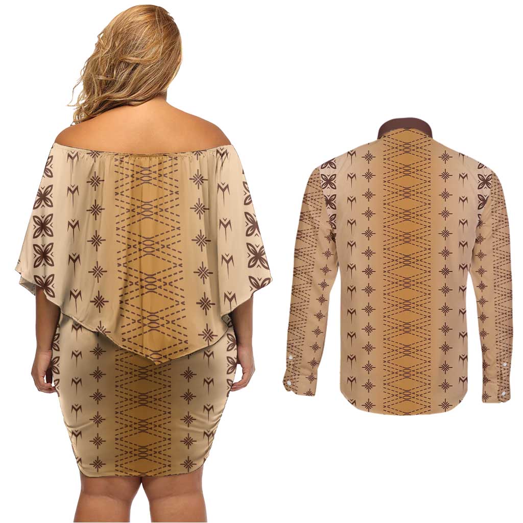 Beige Samoa Malu Tattoo Inspired Couples Matching Off Shoulder Short Dress and Long Sleeve Button Shirt - Polynesian Pride
