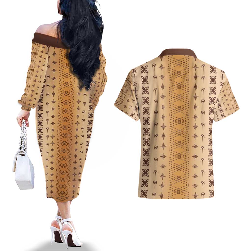 Beige Samoa Malu Tattoo Inspired Couples Matching Off The Shoulder Long Sleeve Dress and Hawaiian Shirt - Polynesian Pride