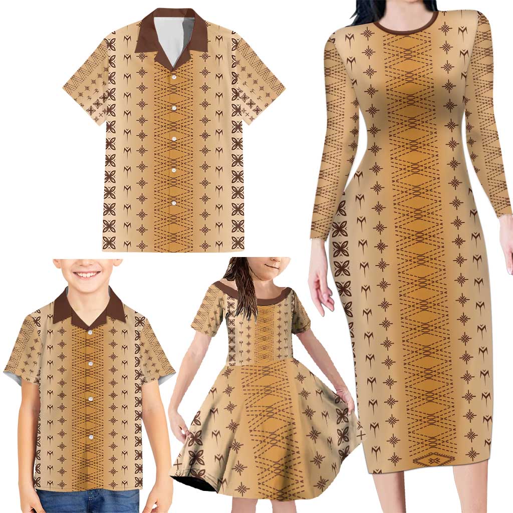 Beige Samoa Malu Tattoo Inspired Family Matching Long Sleeve Bodycon Dress and Hawaiian Shirt - Polynesian Pride