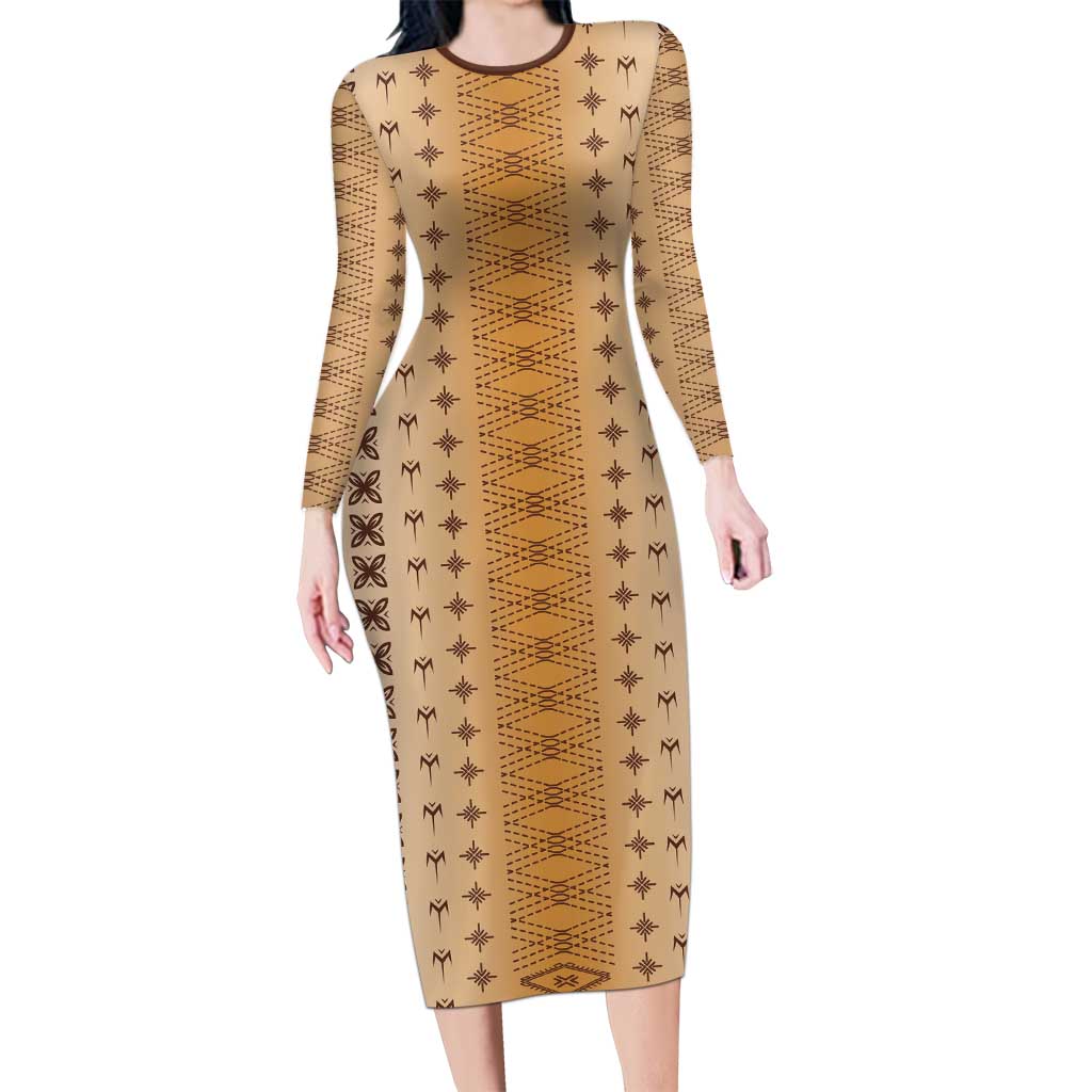 Beige Samoa Malu Tattoo Inspired Family Matching Long Sleeve Bodycon Dress and Hawaiian Shirt - Polynesian Pride