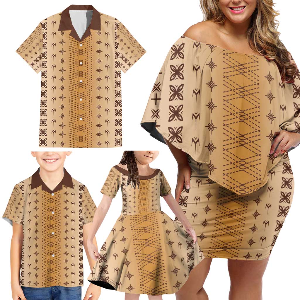 Beige Samoa Malu Tattoo Inspired Family Matching Off Shoulder Short Dress and Hawaiian Shirt - Polynesian Pride