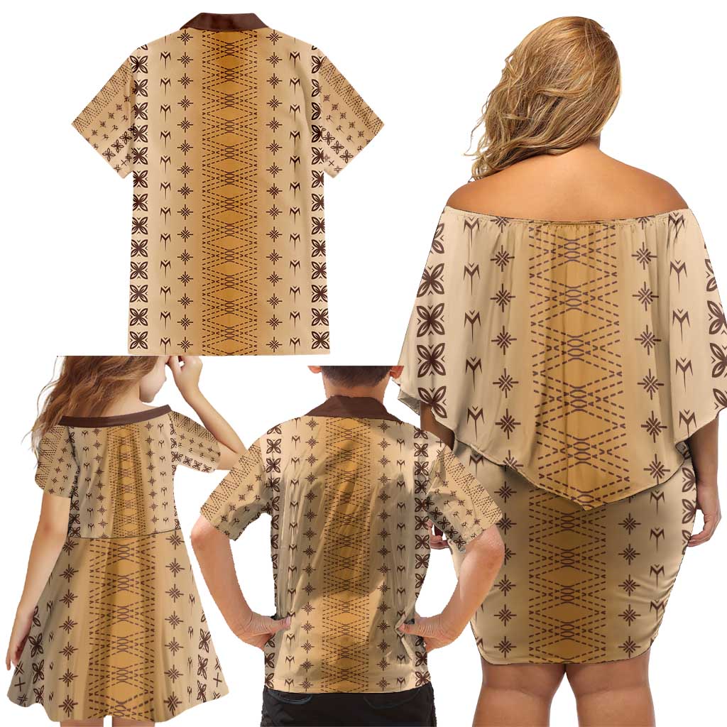 Beige Samoa Malu Tattoo Inspired Family Matching Off Shoulder Short Dress and Hawaiian Shirt - Polynesian Pride