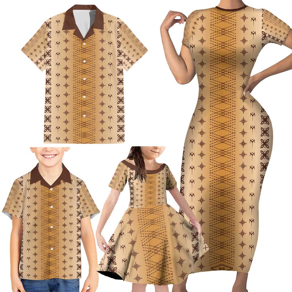 Beige Samoa Malu Tattoo Inspired Family Matching Short Sleeve Bodycon Dress and Hawaiian Shirt - Polynesian Pride