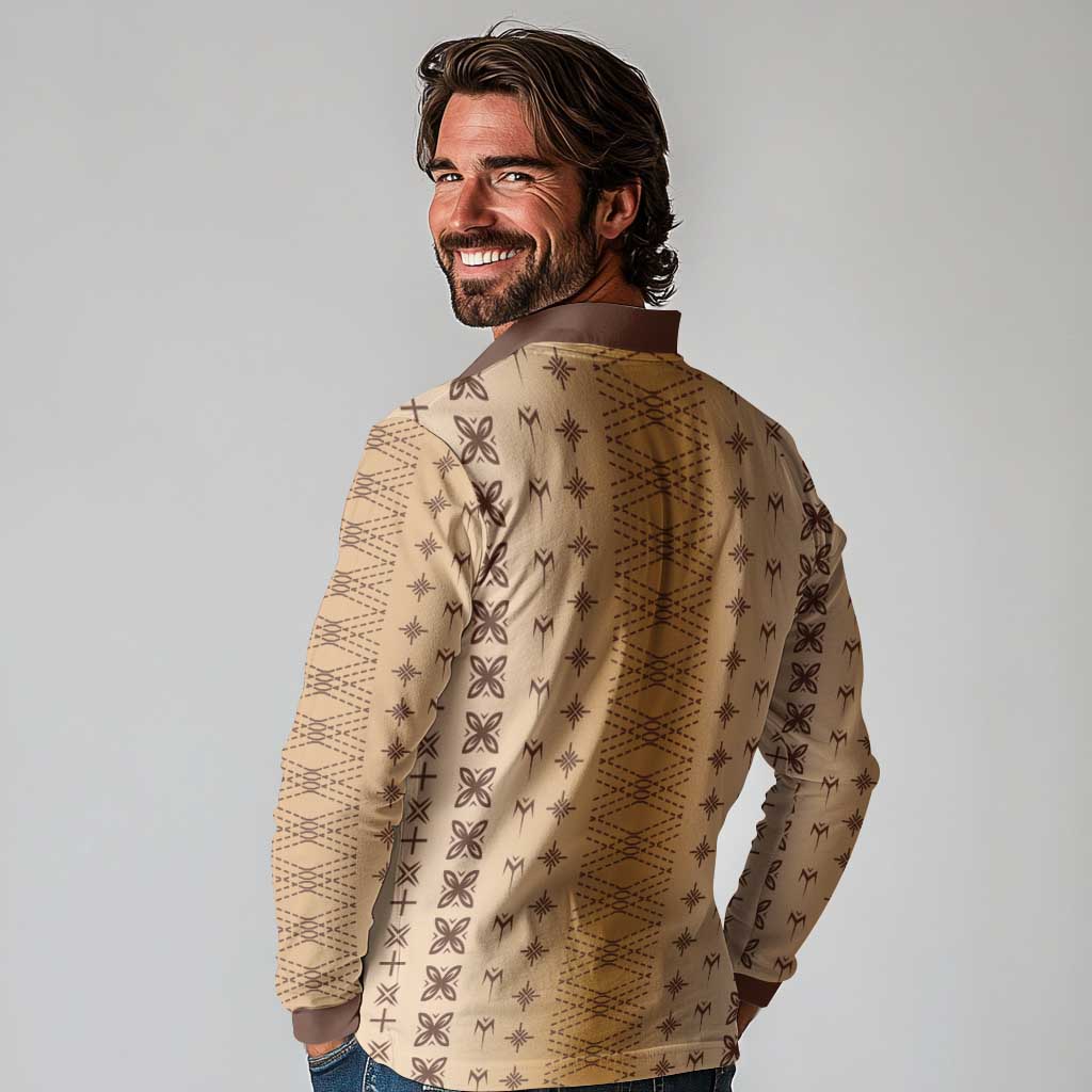 Beige Samoa Malu Tattoo Inspired Long Sleeve Polo Shirt LT05 - Polynesian Pride