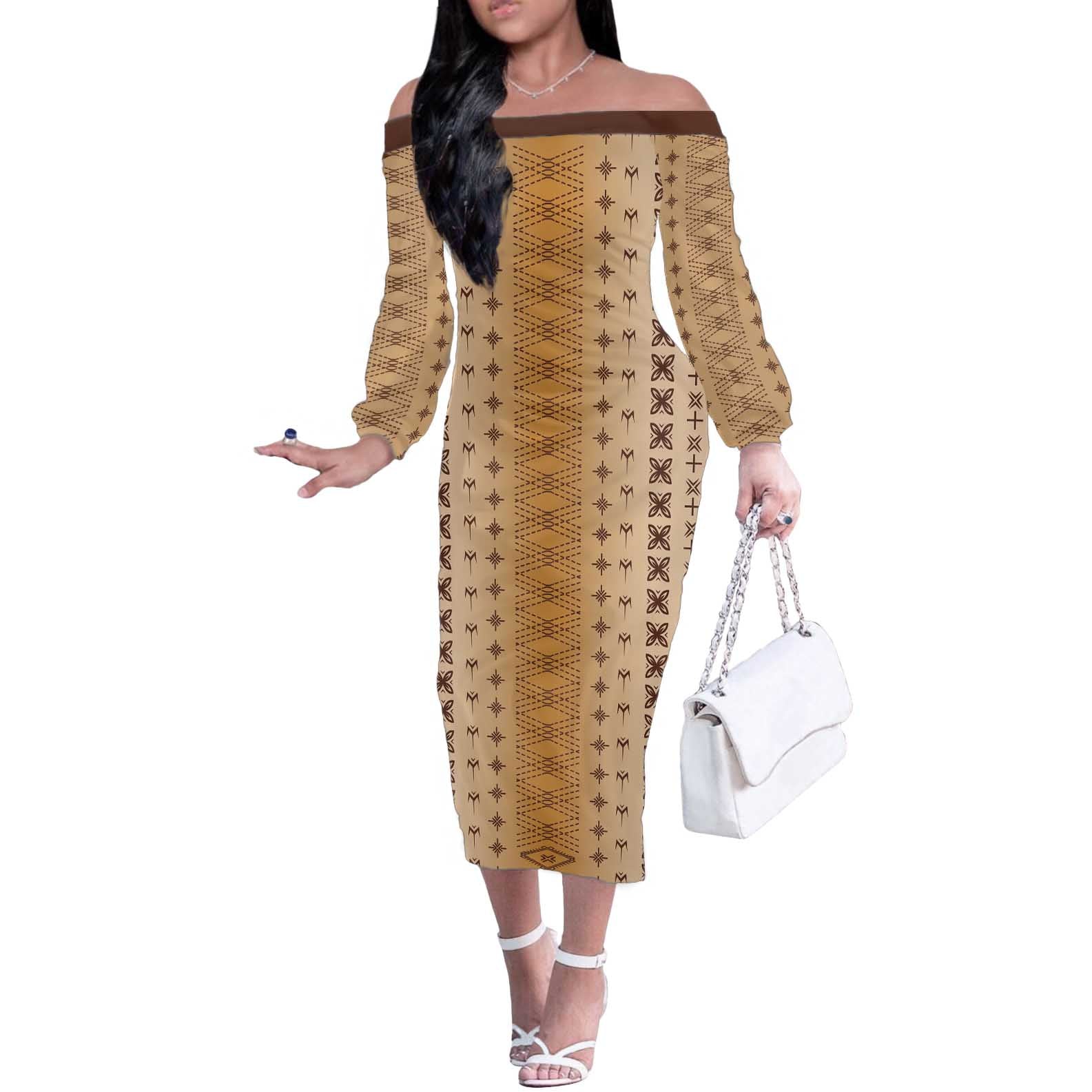 Beige Samoa Malu Tattoo Inspired Off The Shoulder Long Sleeve Dress - Polynesian Pride