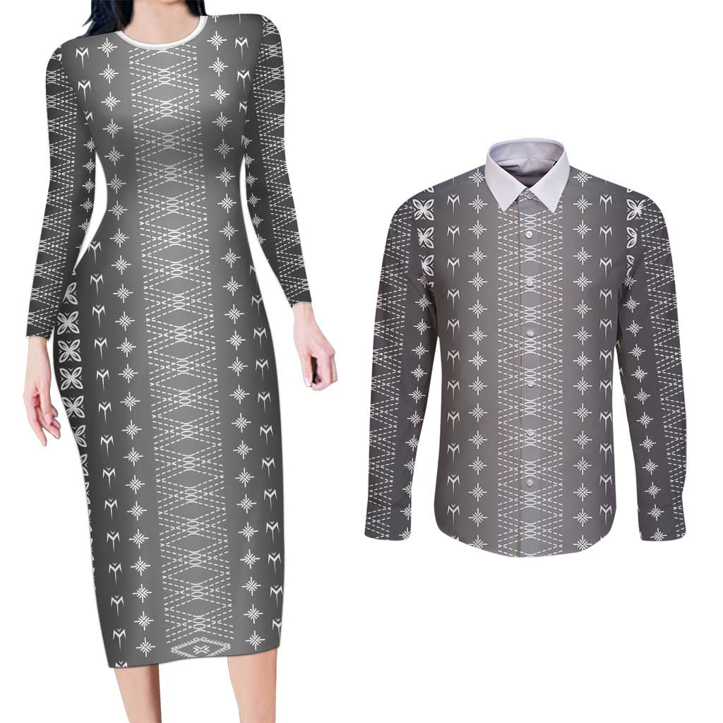 Black Samoa Malu Tattoo Inspired Couples Matching Long Sleeve Bodycon Dress and Long Sleeve Button Shirt - Polynesian Pride