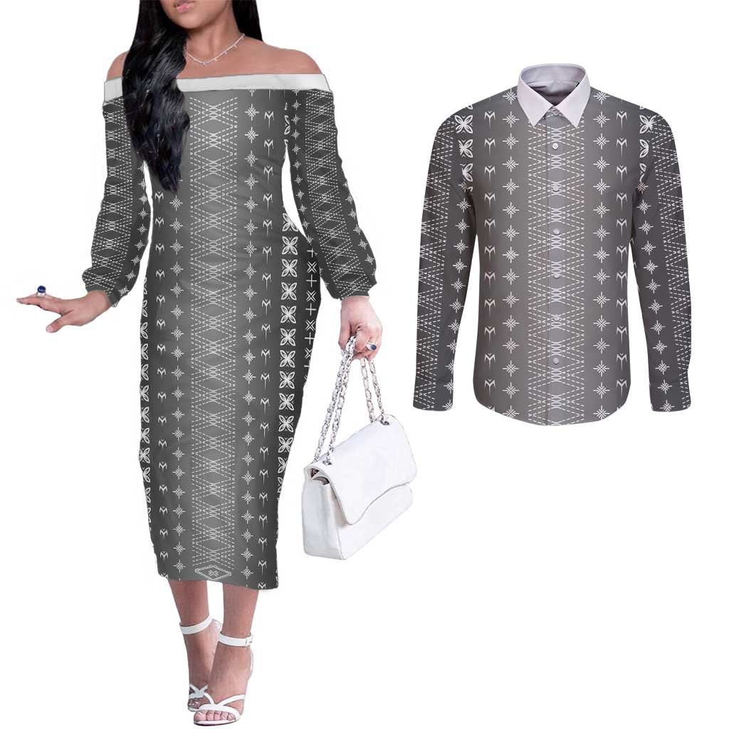Black Samoa Malu Tattoo Inspired Couples Matching Off The Shoulder Long Sleeve Dress and Long Sleeve Button Shirt - Polynesian Pride