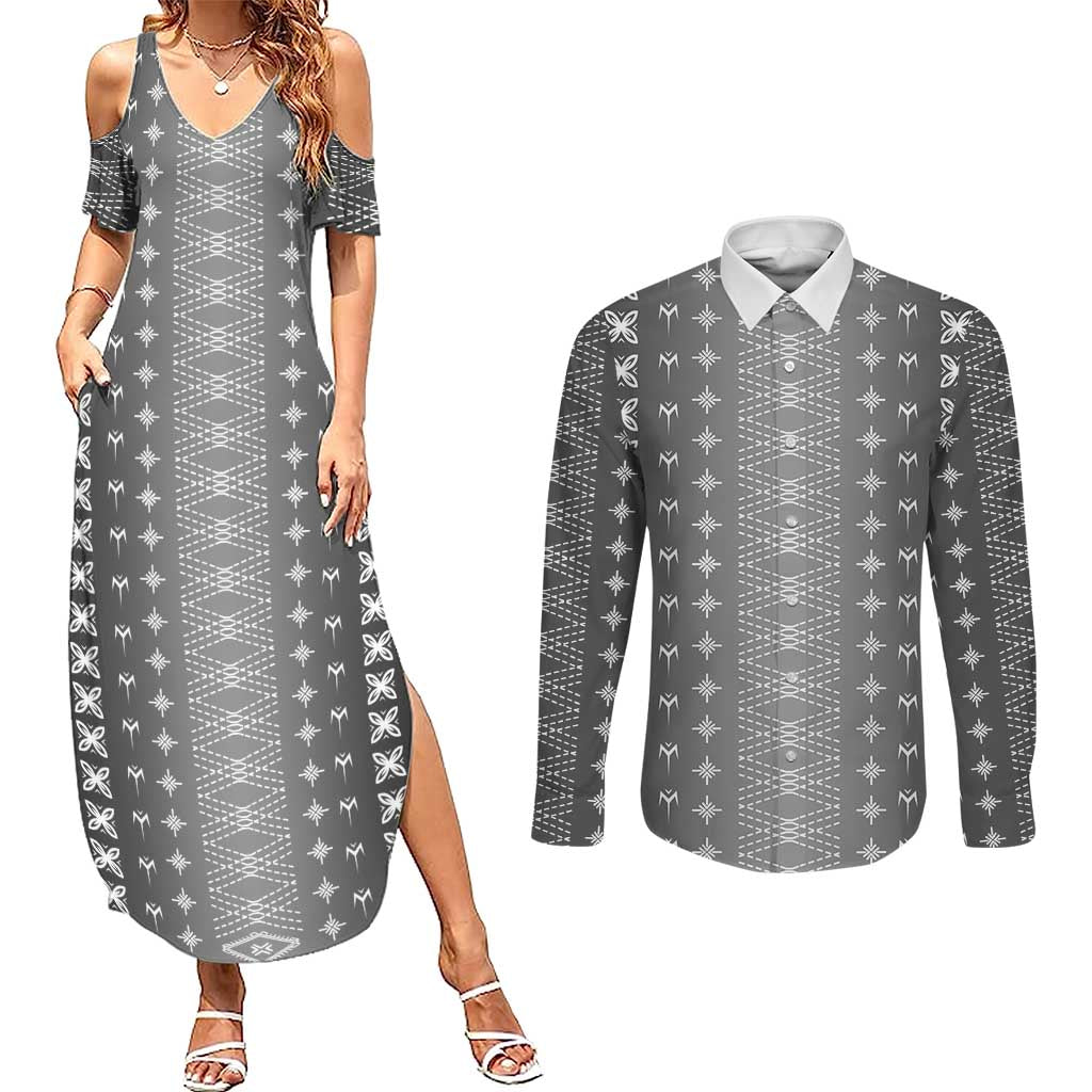 Black Samoa Malu Tattoo Inspired Couples Matching Summer Maxi Dress and Long Sleeve Button Shirt - Polynesian Pride