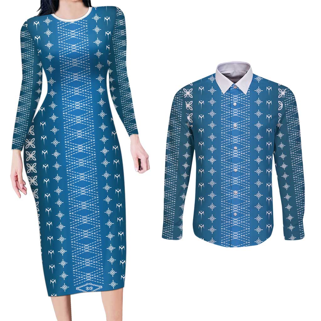 Blue Samoa Malu Tattoo Inspired Couples Matching Long Sleeve Bodycon Dress and Long Sleeve Button Shirt - Polynesian Pride