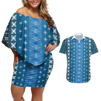 Blue Samoa Malu Tattoo Inspired Couples Matching Off Shoulder Short Dress and Hawaiian Shirt - Polynesian Pride