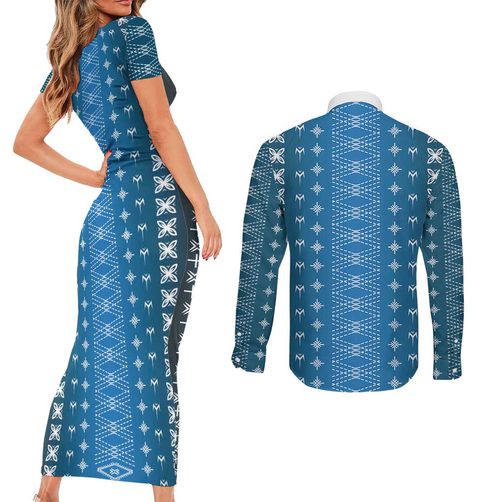 Blue Samoa Malu Tattoo Inspired Couples Matching Short Sleeve Bodycon Dress and Long Sleeve Button Shirt - Polynesian Pride