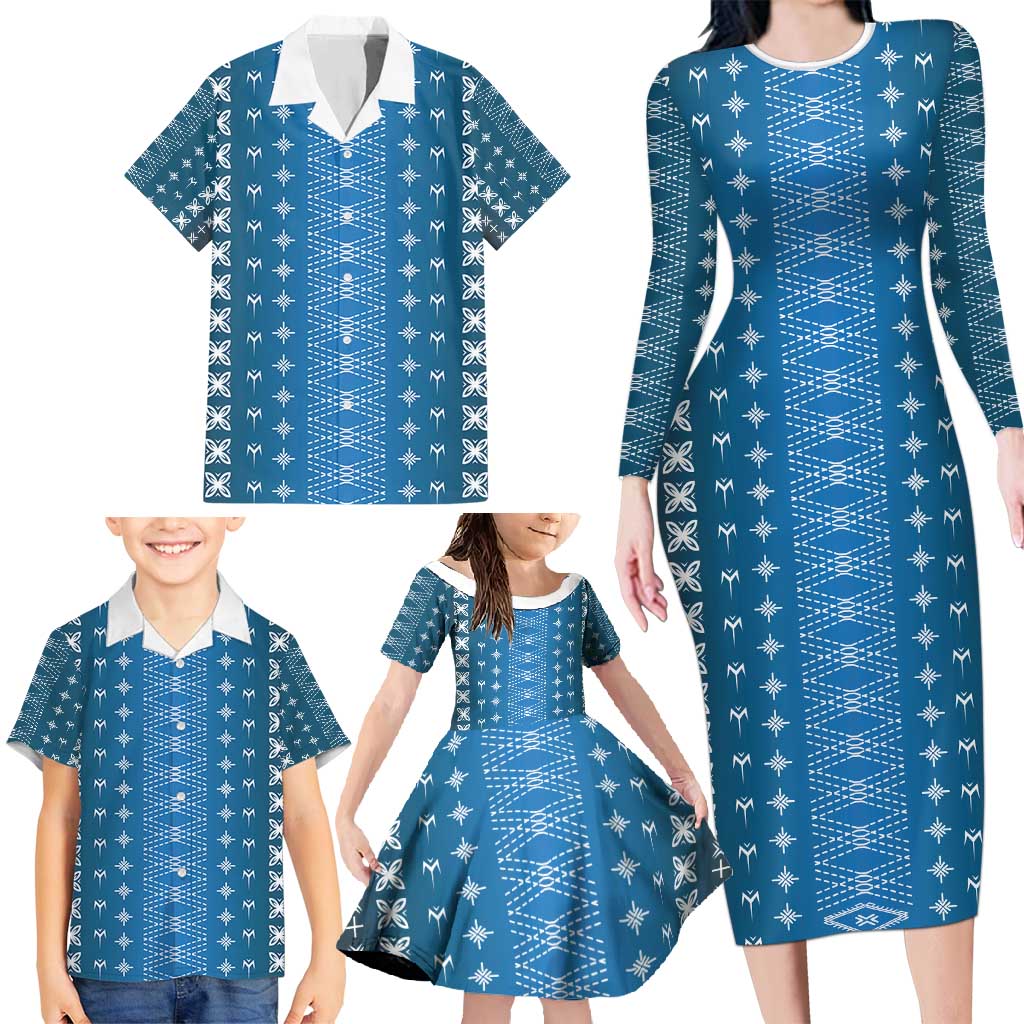 Blue Samoa Malu Tattoo Inspired Family Matching Long Sleeve Bodycon Dress and Hawaiian Shirt - Polynesian Pride
