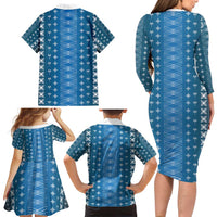 Blue Samoa Malu Tattoo Inspired Family Matching Long Sleeve Bodycon Dress and Hawaiian Shirt - Polynesian Pride