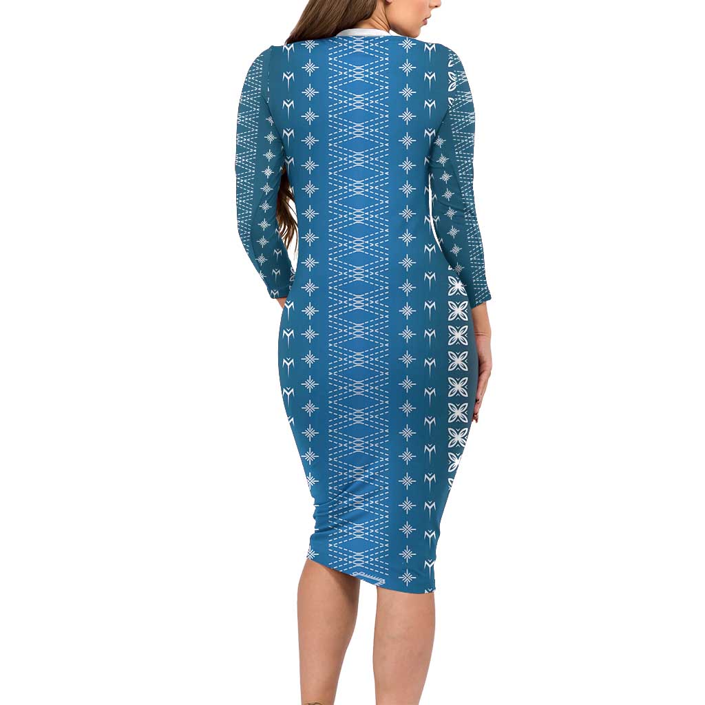 Blue Samoa Malu Tattoo Inspired Family Matching Long Sleeve Bodycon Dress and Hawaiian Shirt - Polynesian Pride