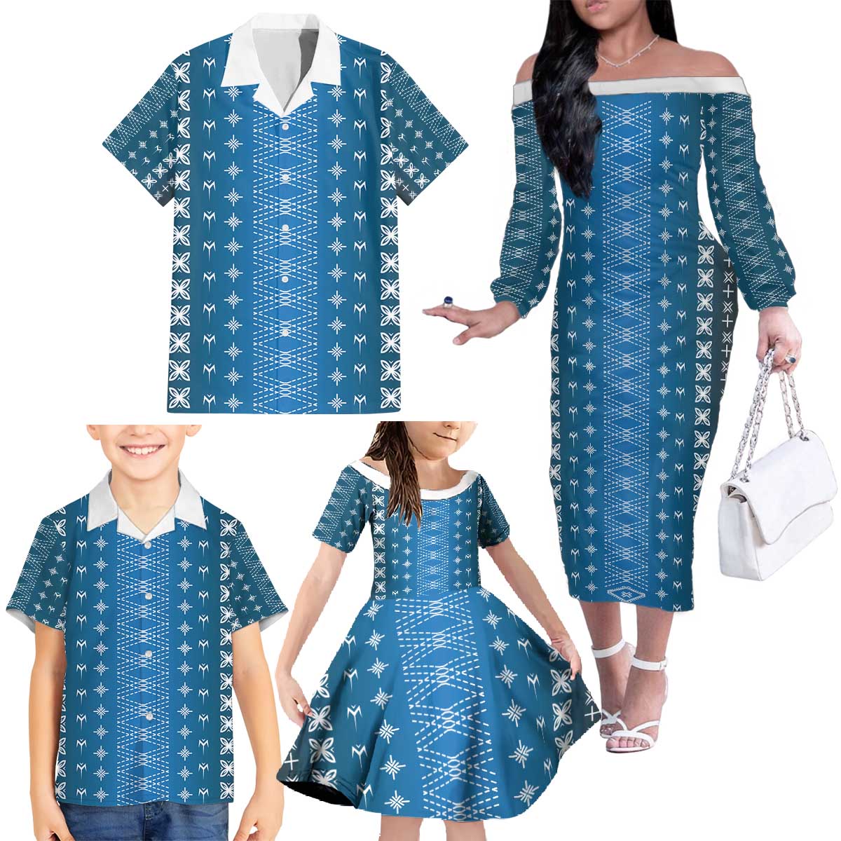 Blue Samoa Malu Tattoo Inspired Family Matching Off The Shoulder Long Sleeve Dress and Hawaiian Shirt - Polynesian Pride