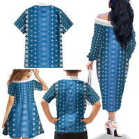 Blue Samoa Malu Tattoo Inspired Family Matching Off The Shoulder Long Sleeve Dress and Hawaiian Shirt - Polynesian Pride