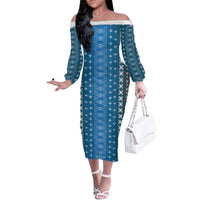 Blue Samoa Malu Tattoo Inspired Family Matching Off The Shoulder Long Sleeve Dress and Hawaiian Shirt - Polynesian Pride