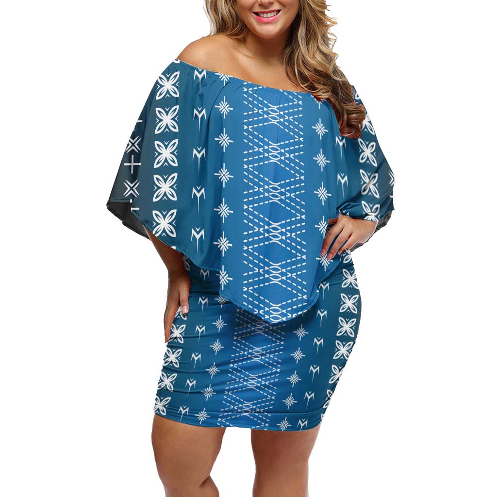 Blue Samoa Malu Tattoo Inspired Family Matching Off Shoulder Short Dress and Hawaiian Shirt - Polynesian Pride