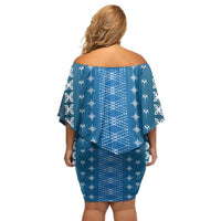 Blue Samoa Malu Tattoo Inspired Family Matching Off Shoulder Short Dress and Hawaiian Shirt - Polynesian Pride