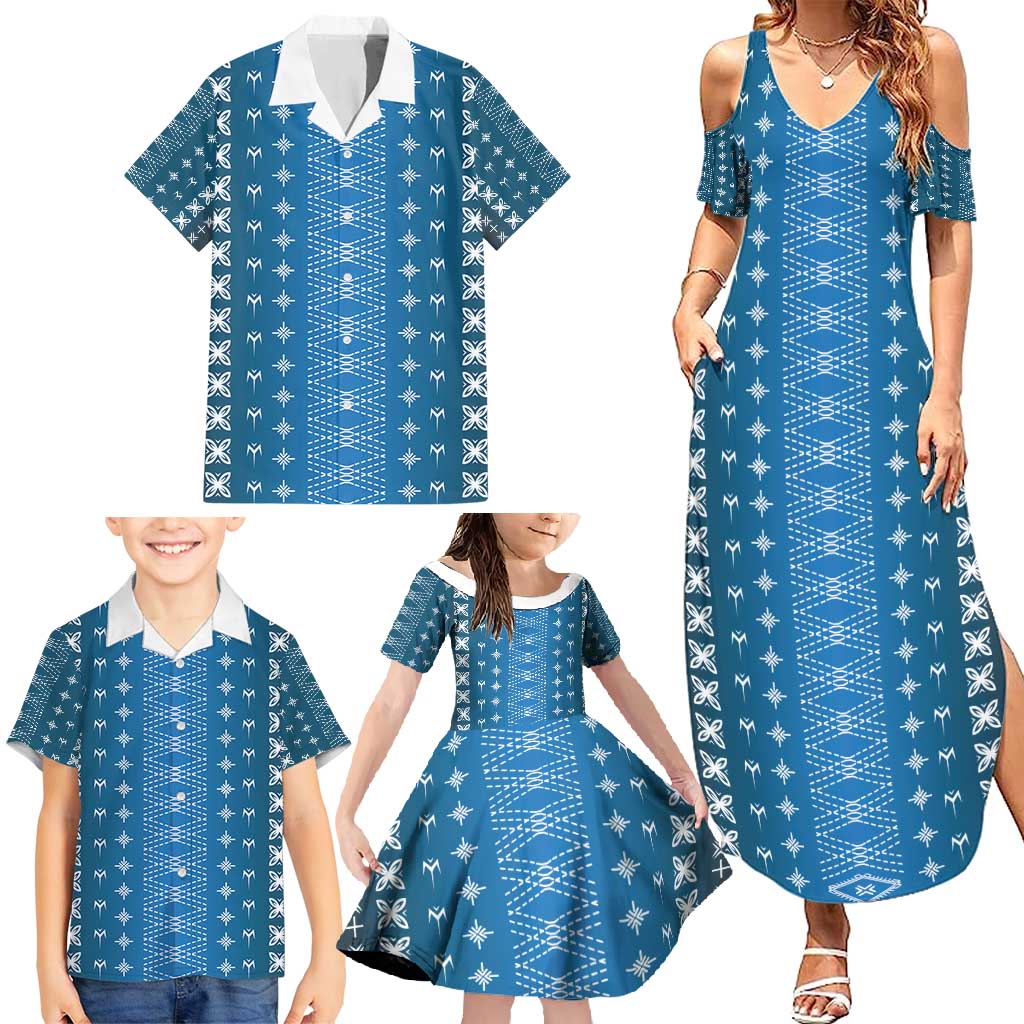 Blue Samoa Malu Tattoo Inspired Family Matching Summer Maxi Dress and Hawaiian Shirt - Polynesian Pride