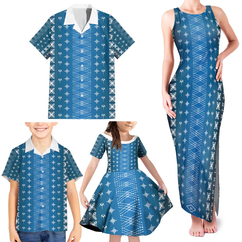 Blue Samoa Malu Tattoo Inspired Family Matching Tank Maxi Dress and Hawaiian Shirt - Polynesian Pride