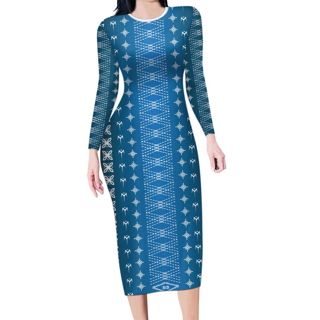Blue Samoa Malu Tattoo Inspired Long Sleeve Bodycon Dress LT05 Long Dress Blue - Polynesian Pride