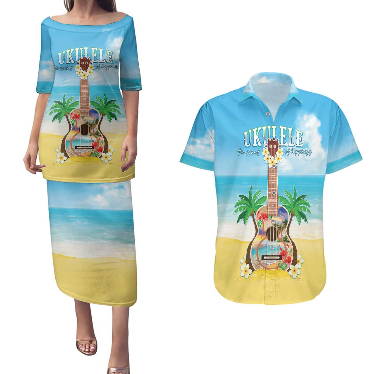 Hawaiian Ukulele Couples Matching Puletasi and Hawaiian Shirt Sound Of Happiness LT05 Colorful - Polynesian Pride
