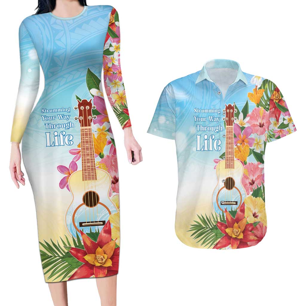National Ukulele Day Couples Matching Long Sleeve Bodycon Dress and Hawaiian Shirt Tropical Vibe
