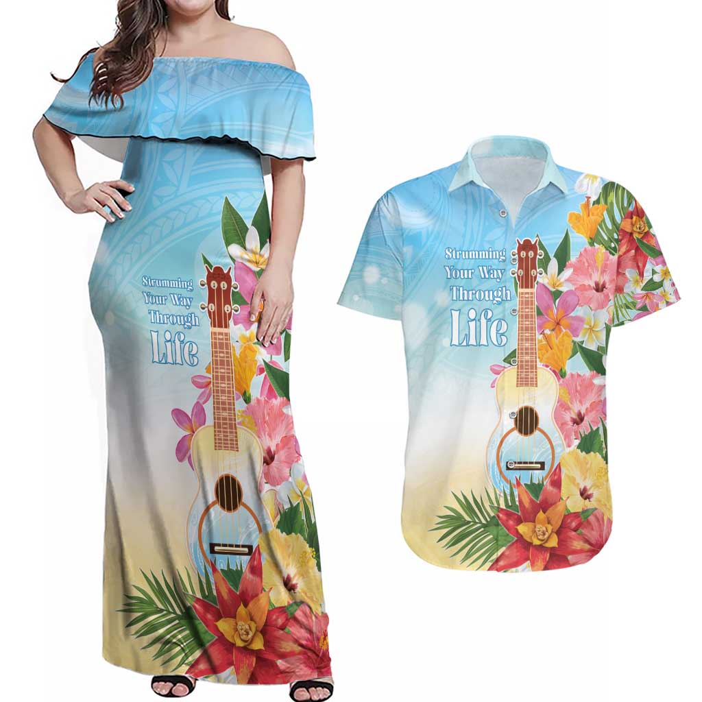 National Ukulele Day Couples Matching Off Shoulder Maxi Dress and Hawaiian Shirt Tropical Vibe