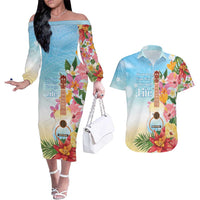 National Ukulele Day Couples Matching Off The Shoulder Long Sleeve Dress and Hawaiian Shirt Tropical Vibe